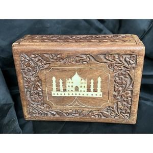Hand Carved Wooden Box Taj Mahal Inlay Made In India By Archana Handicrafts 7"